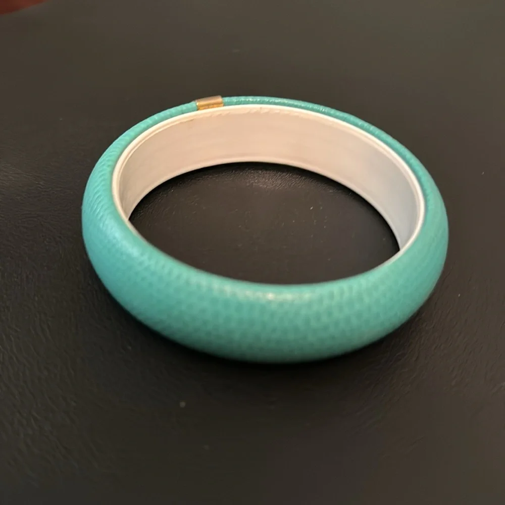 Vintage Plastic Bangle Bracelet, Faux Leather Exterior, Teal, Retro, Boho